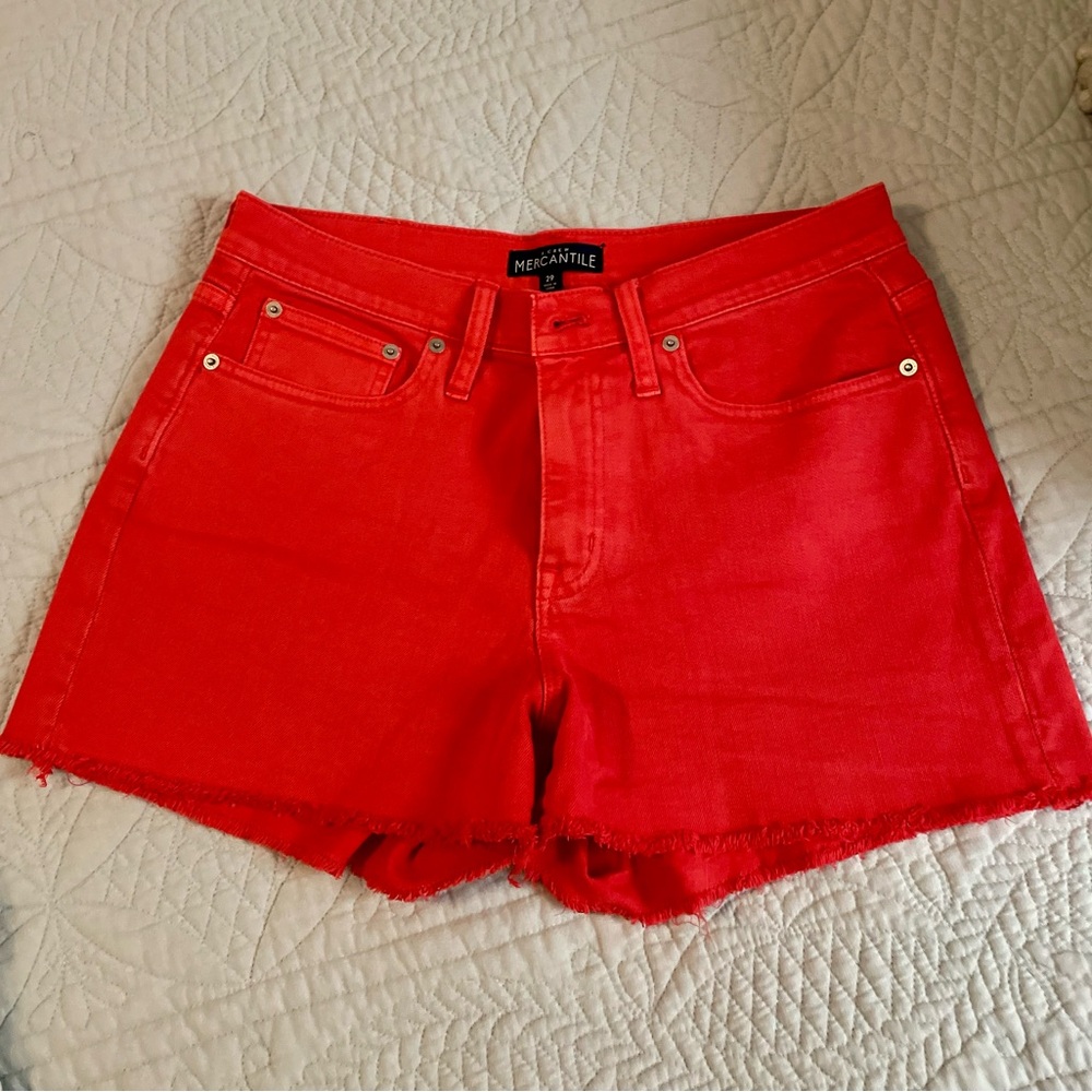 JCrew Factory Orange/Red Cut-off Denim Shorts